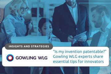 Is my innovation patentable? Gowling WLG offers patent search tips for innovators. Background image of diverse innovators consulting a legal professional in an office meeting.